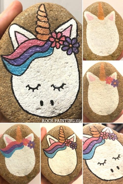 Unicorn rocks. How to draw a unicorn on a rock. Step by step instructions for this fun rock painting project! #unicornrocks #howtodrawaunicorn #animalrocks #rockpainting #stonepainting #paintedrocks #rockpainting101