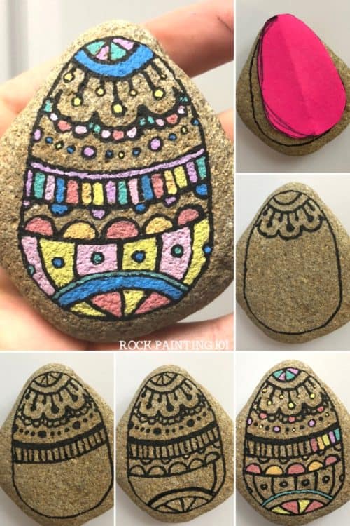 Create beautiful Easter egg painted rocks with this fun rock painting idea. With hints of Mandala art as inspiration, this rock is perfect for the beginner. #easterrock #eastereggrock #paintedrock #mandala #rockpainting #stonepainting #rockpainting101