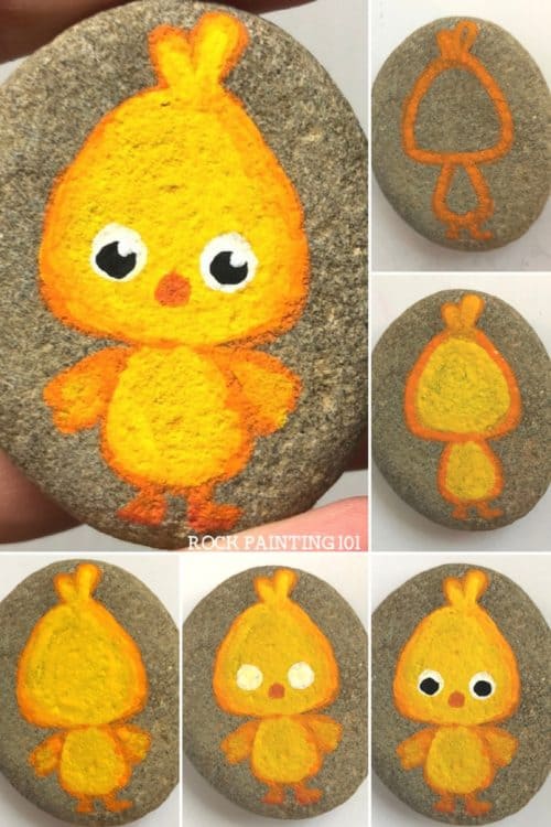 Create a fun Easter rocks with these painted chick rocks. #easterrocks #paintedchick #easterchick #rockpainting #stonepainting #animalrocks #birdrocks #rockpainting101