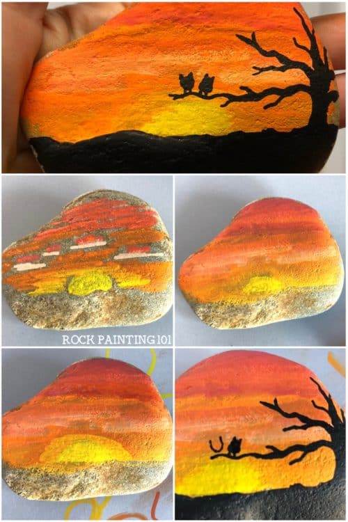 This bright orange sunset rock has a lovely tree silhouette and two fun owls. #sunsetrock #sunriserock #silouetterock #rockpainting #stonepainting #rockpaintingforbeginners #rockpainting101