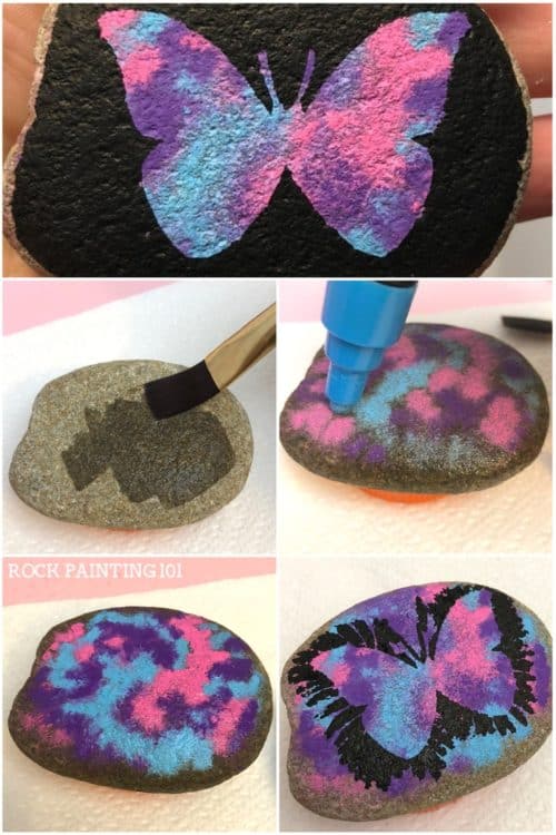Create beautiful butterfly rocks with this simple technique. From the marbled backdrop to the perfectly symmetrical butterfly, these rock painting techniques are perfect for the beginner. #butterflyrocks #howtopaintabutterfly #howtomarbleonrocks #poscapaintpens #poscapens #howtopaintrocks #rockpaintingideas #rockpaintin101