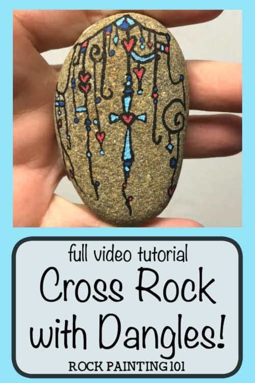 Dangle Art Cross Rocks ~ Beautiful Christian rock painting ideas. Use zendangle technique to create a rock with a cross. #crossrock #rockwithcross #christianrockpaintingideas #dangleart #zendanglerocks #zendangle #easterrock #rockpainting101