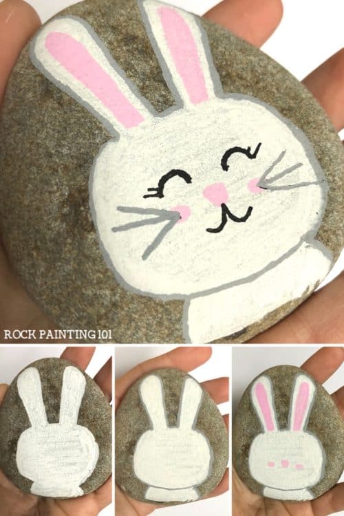 Easter Bunny Rock ~ Easter rock painting ideas for beginners. #bunnyrock #easterbunnyrock #easterrockpainting #rockpaintingideas #stonepainting #howtodrawabunny #rockpainting101