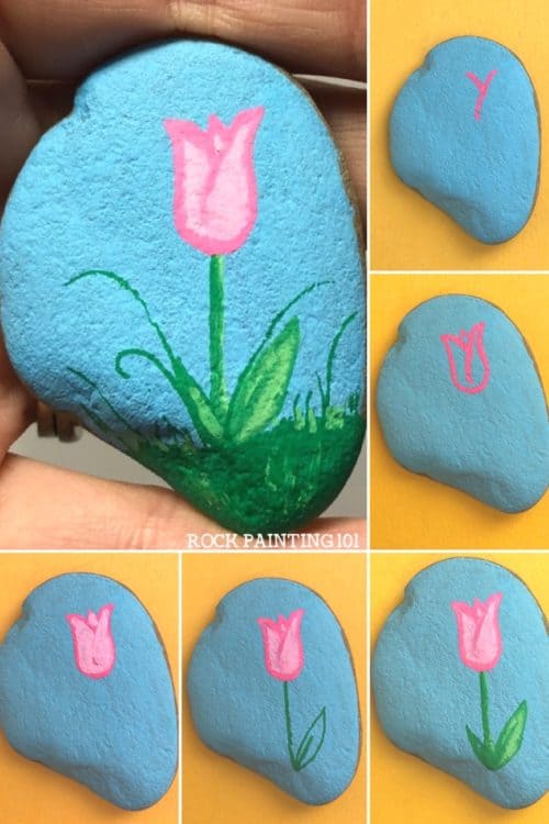 These tulip painted rocks are the perfect rock painting idea for spring! Learn how to draw a tulip while creating a rock that's perfect for hiding, gifting, or decorating! #tulippaintedrocks #springrockpainting #howtodrawatulip #flowerrocks #springart #rockpaintingideas #rockpaintingforbeginners #stoneart #rockpainting101 