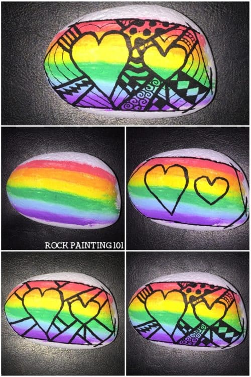 Rainbow Heart Rock with Zentangle style techniques. Create a fun blended rainbow background and then paint your rock with a zentangle heart! #heartrock #rainbowrock #rainbowheartrock #zentangle #zentanglerockpainting #zentangledrawing #zentanglerocks #rockpainting101