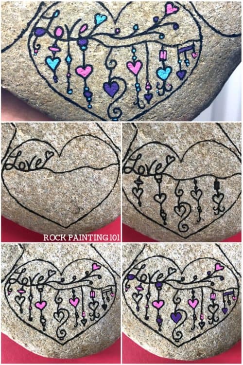 This dangle heart painted rock is so much fun and perfect for hiding, gifting, or keeping! The zendangle style is a great technique for beginners. #heartrocks #dangleheartpaintedrocks #loverocks #zendangle #heartpaintingideas #stonepaintingideas #rockpaintingforbeginners #howtopaintrocks #rockpainting101