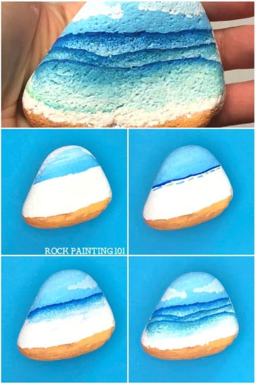 How to paint beach painted rocks. Paint fun waves onto stones with this video tutorial. #beachpaintedrocks #rockpaintng #stonepainting #paintedpebbles #howtopaintrocks #beachrockpainting #summerrockpainting #rockpaintingforbeginners #videotutorial #rockpainting101