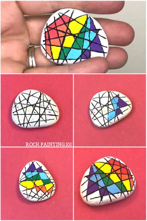 Make a straight line on a rock, even if it's bumpy, with this simple rock painting hack. Use this trick to create a beautiful abstract rainbow painted rock. #rainbowrockpainting #howtodrawastraigtline #howtopaintrocks #rockpaintingideas #rockpaintingforbeginners #stonepainting #abstractrainbow #rockpainting101