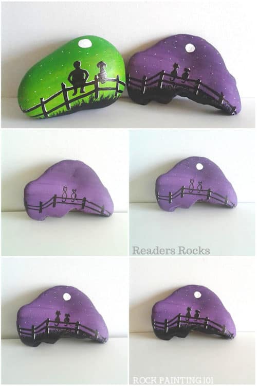 Learn how to paint this fun fence rock. This quick tutorial will give you step by step instructions and a video so that you can easily make this fun stone painting idea. #silhouette #fence #rockpaintingidea #howtopaintrocks #tutorial #rockpainting101