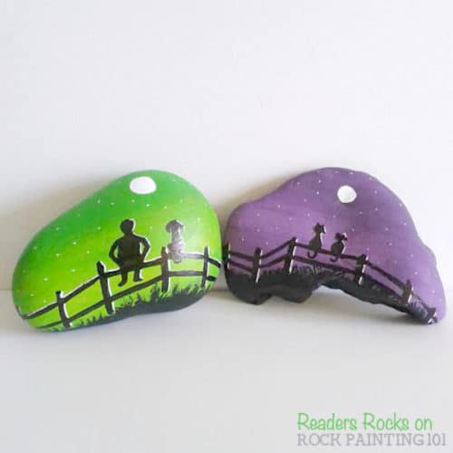 Learn how to paint this fun fence rock. This quick tutorial will give you step by step instructions and a video so that you can easily make this fun stone painting idea. #silhouette #fence #rockpaintingidea #howtopaintrocks #tutorial #rockpainting101