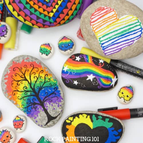 These rainbow rock painting ideas are perfect for brightening up someone's day! Each rainbow has a tutorial and is perfect for beginners. #rainbow #rocks #stones #rockpainting #paintedrocks #rockpainting101