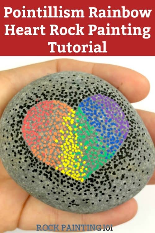 These rainbow pointillism heart rocks are beautiful and fun to create. They are perfect for people who love the dot painting look but don't have the steady hand for its perfection. #rainbow #pointillism #rockart #heartrock #paintedrocks #rockpaintingforbeginners #stonepainting #rockpainting101