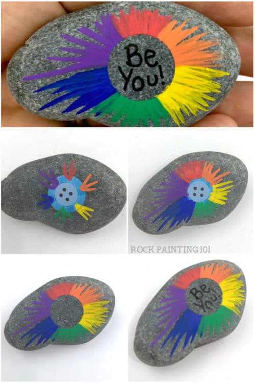 Make a beautiful radial rainbow painted rocks. Perfect for painting kindness rocks or giving as gifts! #rainbow #kindnessrocks #beyou #radial #howtopaintrocks #rockpaintingideas #stonepainting #rockpainting101