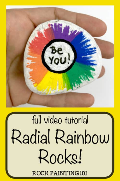 Make a beautiful radial rainbow painted rocks. Perfect for painting kindness rocks or giving as gifts! #rainbow #kindnessrocks #beyou #radial #howtopaintrocks #rockpaintingideas #stonepainting #rockpainting101
