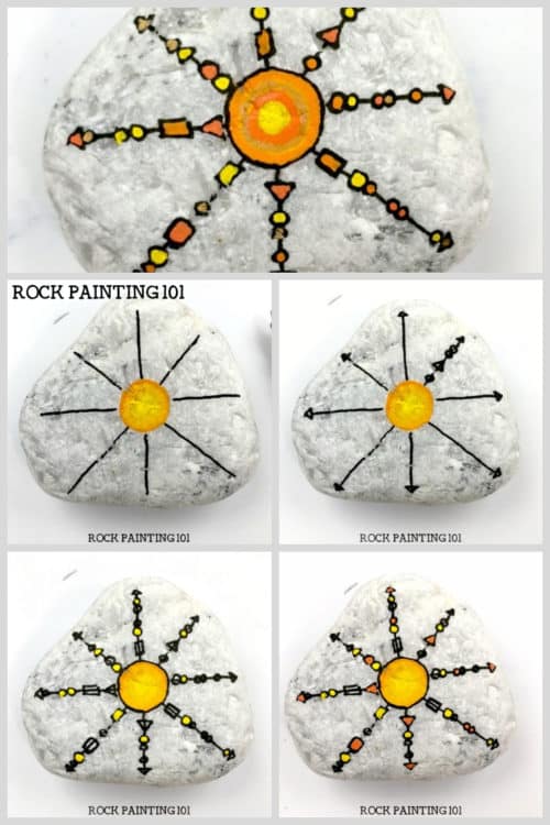 This unique sun zendangle rock painting idea gives a fun twist to the standard vertical dangle technique. Give it a try! #sunrocks #zendangle #dangles #howtopaintrocks #uniquerockpaintingidea #stonepainting #rockart #rockpainting101