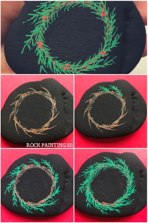 This fun Christmas wreath painted rock is a fun wreath craft that you can use as stocking stuffers, Christmas decor, or to hide around your city. Check out the video tutorial to learn how to paint a wreath. #christmaswreath #wreathcraft #christmaspaintedrocks #rockpaintingforbeginners #rockpainting101
