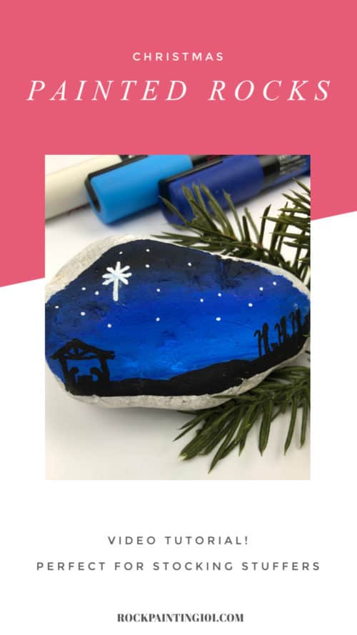 Create a beautiful nativity scene on your painted rocks with this step by step tutorial. This Christmas rock painting idea is perfect for stocking stuffers, Christmas decor, or hiding this season. #nativity #christmas #rockpainting #paintedrocks #stockingstuffer #rockpainting101