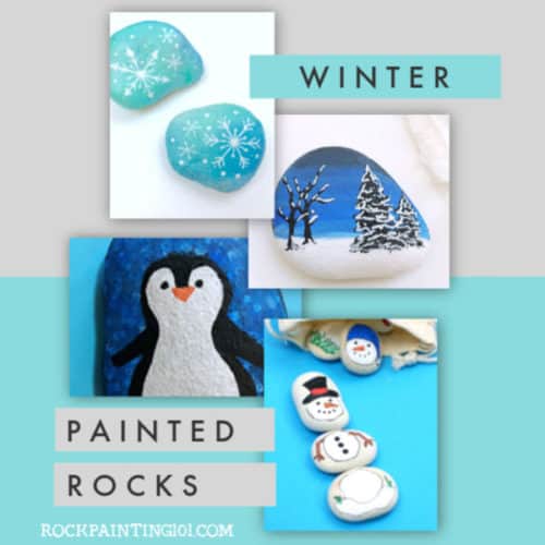 These Winter rock painting ideas you can create while the weather is cold and you're bundled up inside. Use them to decorate, give as gifts, or hide in your city. #rockpainting101