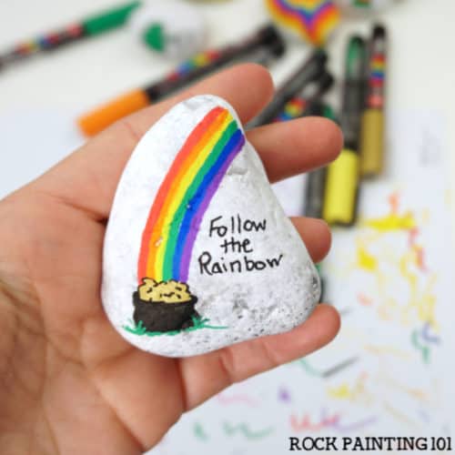Paint a pot of gold at the end of the rainbow. What a cute and simple St. Patrick's Day rock idea.