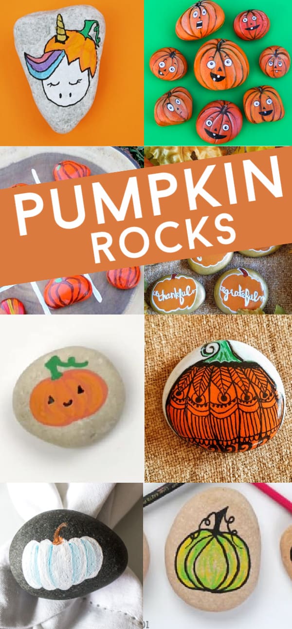 These fun pumpkin painted rock ideas are perfect for your fall or Halloween rock painting sessions. Use them to decorate, hide around town, or to give as gifts! #rockpainting101 #pumpkinrocks #pumpkinpaintedrock