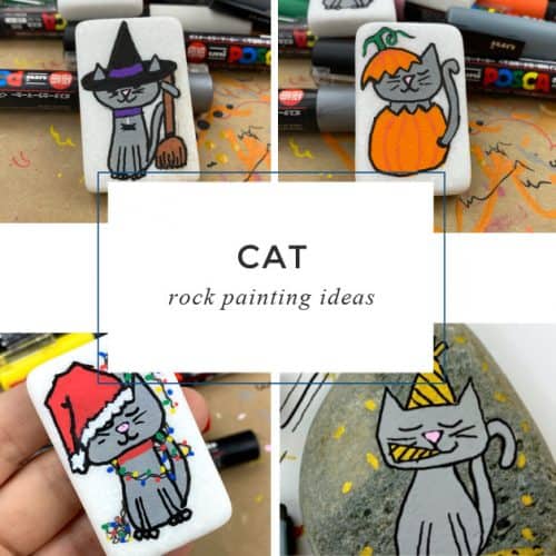 Create these easy cat rock painting ideas for any season! From a festive holiday cat to a simple design, there is a painted rock for everyone!