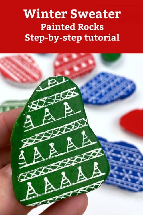 Winter Sweater painted rocks step by step tutorial