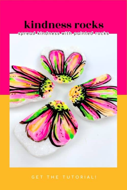 painting acrylic flowers for kindness rocks neon and black