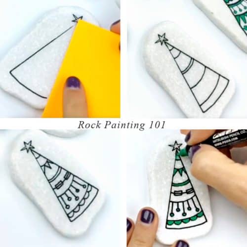 lined Chrismtas tree rock painting idea step by step